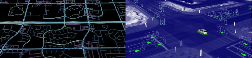 가장 먼저 할 일은 특정 지역의 매우 상세하고 사실적인 가상 버전을 만드는 일이다.(사진 왼쪽) 다음으로 시뮬레이션에서 동일한 운전 조건에서 수천번의 주행을 진행하면서 더 안전한 방법을 탐색한다.(사진 오른쪽)